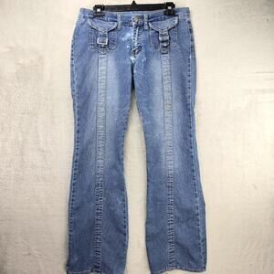 Vintage Apollo Jeans 5/6 Pinstripe Buckle Pockets Blue Mid Rise Y2K Distressed